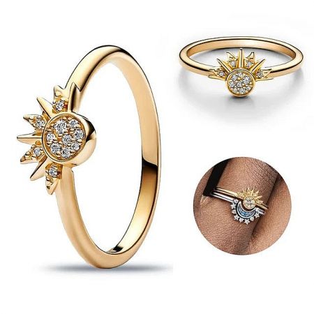 Multiple angles of the gold sunburst ring, highlighting its sparkling diamond details and radiant design.