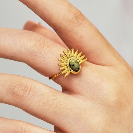 Stainless Steel Malachite Sun Burst Style Open Rings Set of 5 - A close-up of the stainless steel malachite sunburst open ring from the set of 5, worn on a finger to showcase its design.