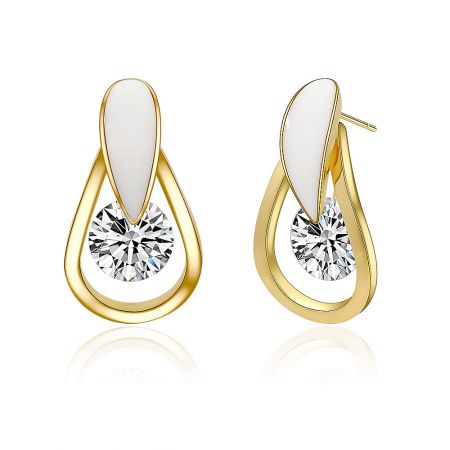 Close-up detail of the White Epoxy Drop Earrings, highlighting the intricate gold teardrop design and brilliant CZ stone.
