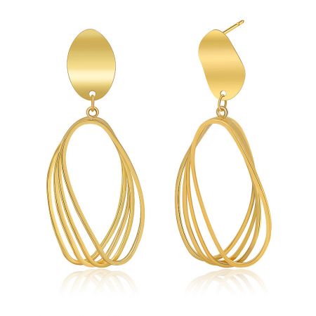 A pair of gold openwork oval earrings showcasing the intricate intertwined wire design.