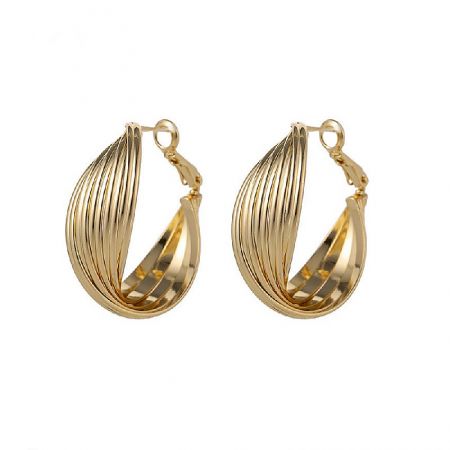 Large Criss Cross Gold Hoop Earrings - A pair of large criss-cross gold hoop earrings with a hollow, curved teardrop shape, showcasing a polished gold finish.