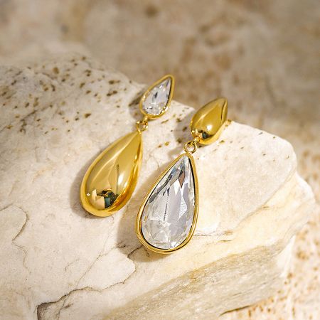 Detailed view of the gold teardrop earrings showcasing their polished finish.