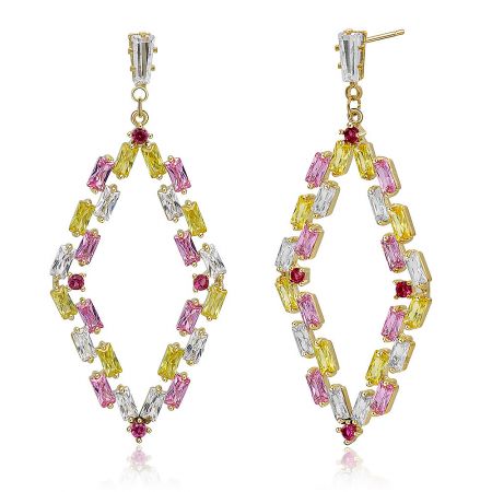 Detailed shot of the gold teardrop earrings, displaying the intricate setting of the multicolored cubic zirconia stones.