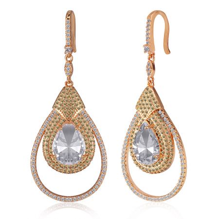 Magnificent Drops Gold-Plated CZ Chandelier Earrings - A pair of Magnificent Drops chandelier earrings in gold plating, featuring a teardrop design with sparkling clear and jonquil cubic zirconia stones.