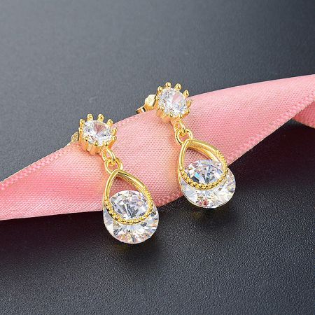 925 Sterling Silver Gold Plated White Zirconia Teardrop Earrings (5 pairs) - A close-up view of the 925 sterling silver gold-plated teardrop earrings, showcasing the sparkling white zirconia in a classic teardrop design.