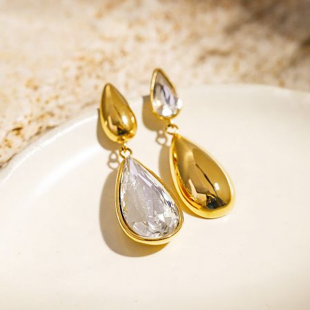 Stainless Steel Gold Asymmetrical Tear Reverse Drop Earrings (5 Pairs) - A pair of elegant stainless steel gold asymmetrical tear reverse drop earrings with clear teardrop-shaped gemstones, on a clean white background.