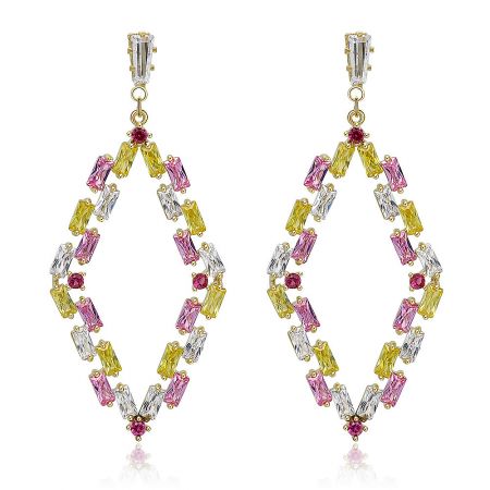 Fashion Tapper Multi Color CZ Drop Earrings - A close-up of the Fashion Tapper Multi-Color CZ Drop Earrings, showcasing the gold-plated teardrop design with a mix of clear, pink, and yellow cubic zirconia gemstones.