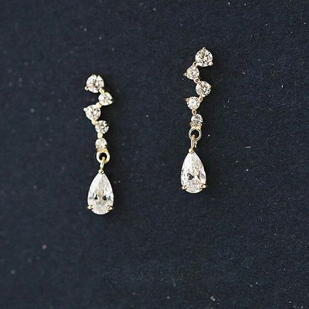 925 Silver Micro-Inlaid Zircon Sparkling Crystal Drop Earrings (5 Pairs) - A pair of elegant 925 sterling silver drop earrings with gold plating, featuring micro-inlaid zircon stones leading to a sparkling teardrop crystal.