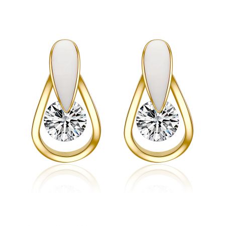 White Epoxy Single CZ Drop Earrings - A pair of White Epoxy Single CZ Drop Earrings, featuring gold plating, white enamel details, and sparkling cubic zirconia stones.