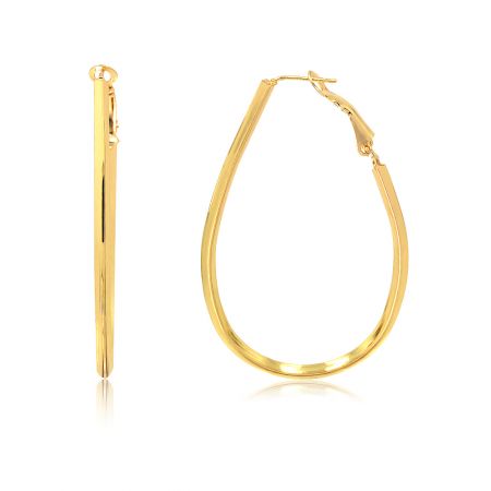 Gold Open Oval Cut Hoops - A close-up of the Gold Open Oval Cut Hoops, showcasing their teardrop shape and shiny gold-plated surface against a white background.