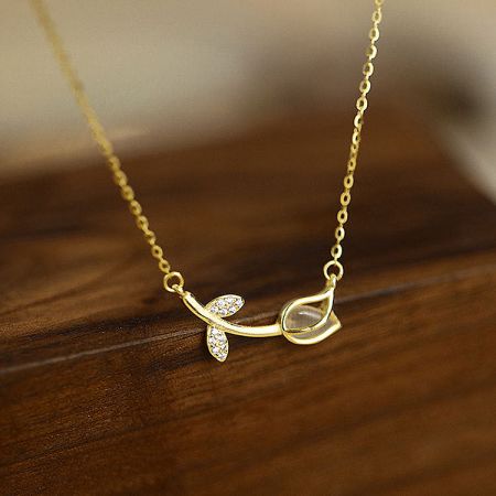 925 Silver Cat Eye Stone Tulip Pendant Choker Necklaces (Set of 5) - An elegant 925 sterling silver teardrop pendant necklace with gold plating and white stone accents, representing the quality of the 5-piece set.