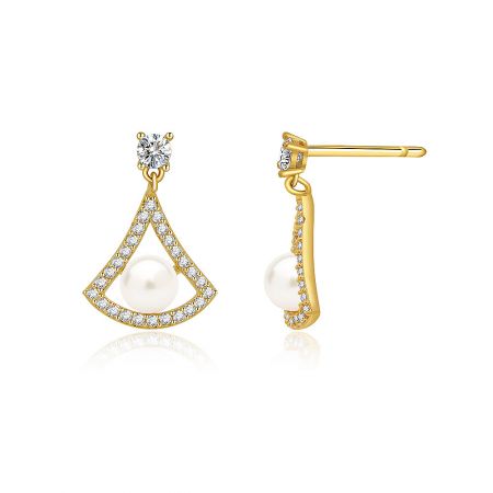 Side view of the Halo Fan Pearl Drop Earrings, highlighting the intricate gold plating and post-back closure.