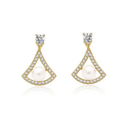 Halo Fan 5mm Pearl Drop Earrings - A close-up view of the Halo Fan 5mm Pearl Drop Earrings, showcasing the gold-plated fan-shaped design with a central white shell pearl and sparkling cubic zirconia accents.