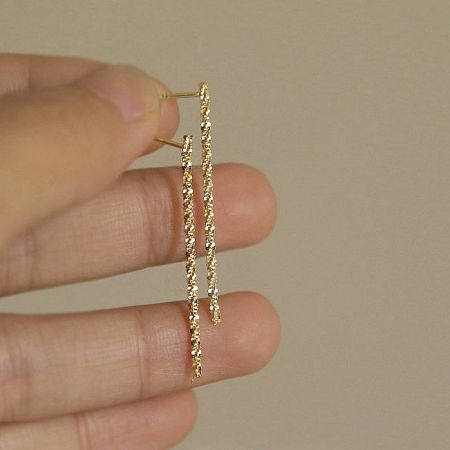 925 Sterling Silver Gold Sparkling Piercing Long Earrings (5 Pairs) - A pair of 925 sterling silver gold sparkling piercing long earrings with a unique textured design, displayed on a white background.