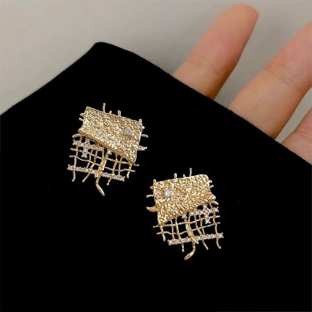 Geometric Statement Earrings CZ 925 Silver Needle Brass Jewelry Wholesale - A pair of geometric statement earrings in gold, featuring a textured grid pattern with sparkling micro-paved CZ stones.
