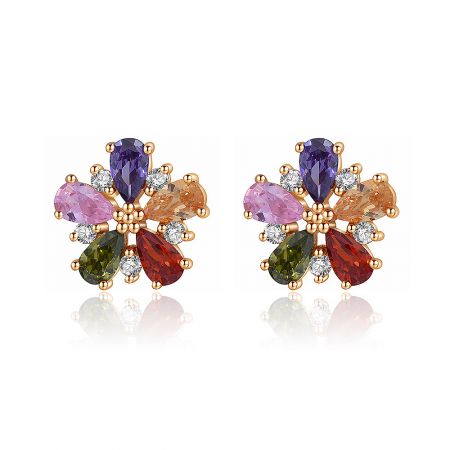 Side view of the gold-tone flower stud earrings displaying the colorful gemstone arrangement.