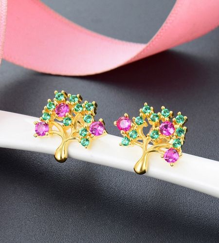 925 Sterling Silver Sparkly Wishing Tree Earring - A pair of 925 sterling silver wishing tree earrings with gold plating, sparkling with pink and green cubic zirconia, displayed on a white stand.