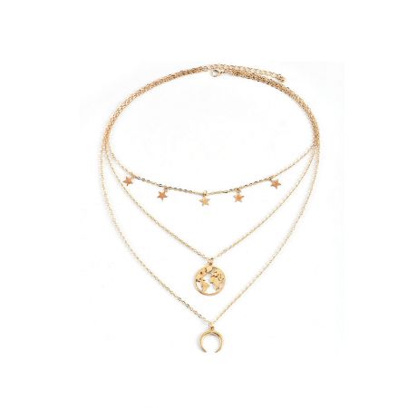 Star World Map Moon Layered Set of 3 Necklaces - A gold-toned, triple-layered necklace featuring star, world map, and crescent moon pendants, showcasing its delicate and stylish design.