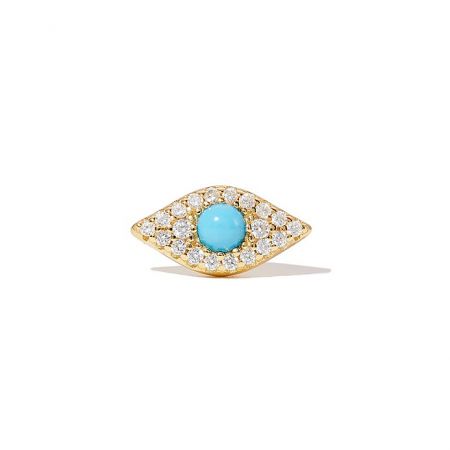 Turquoise Evil Eye Stud Earrings - A detailed close-up of the Turquoise Evil Eye Stud Earring, showcasing the vibrant central turquoise stone surrounded by sparkling cubic zirconia, set in a gold-plated brass finish.
