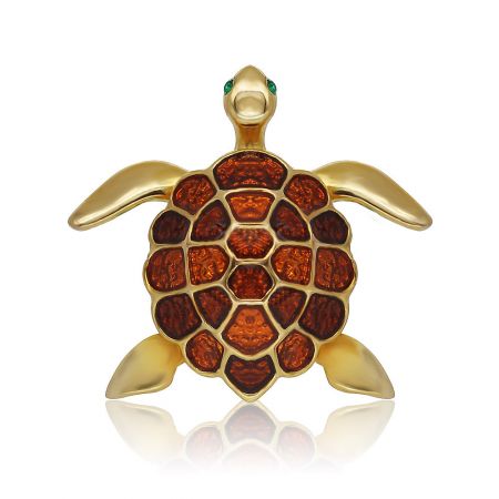 Colorful stained glass style fantasy turtle pin in gold with amber shell.