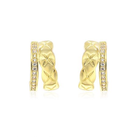 Yellow Gold Plated Hoop Post Earrings with Cubic Zirconia - A close-up of the Yellow Gold Plated Hoop Post Earrings, showcasing the twisted design and sparkling cubic zirconia accents.
