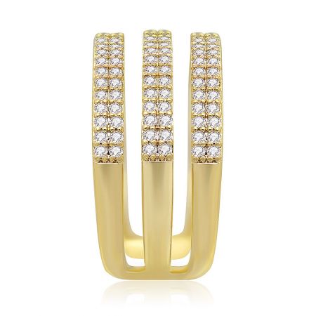 Close-up detail of the gold-plated three-band ring's craftsmanship and stone setting.