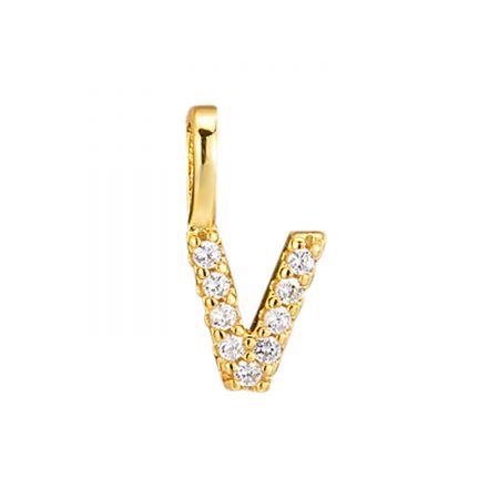 A close-up of the luxurious gold letter 'V' pendant, encrusted with brilliant zircons.