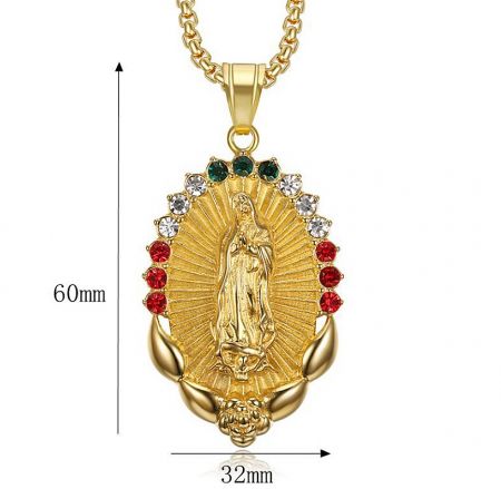 Custom Virgin Mary pendant featuring red, white, and green gemstones.