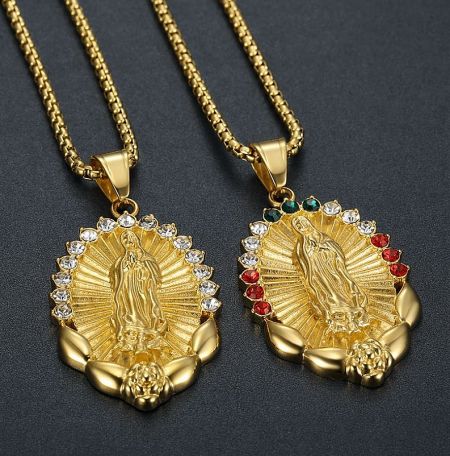 Elegant gold necklaces with Virgin Mary pendants, available with different colored gemstones.