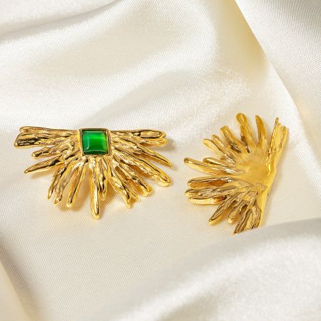 Elegant gold wing-shaped earring showcasing a beautiful green square gemstone.