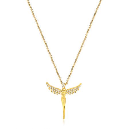 Collana dell'angelo custode in oro personalizzabile con zirconia cubica. - Primo piano della collana dell'angelo custode in oro, che mostra il pendente con figura alata dettagliata adornato con brillanti pietre di zirconia cubica bianca su una delicata catena.
