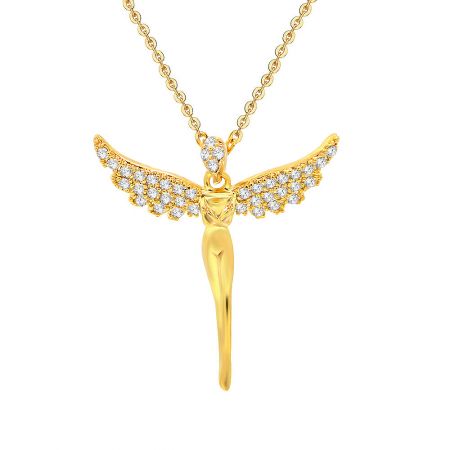 Detailed view of the guardian angel pendant, highlighting the intricate wing design and sparkling gemstones.