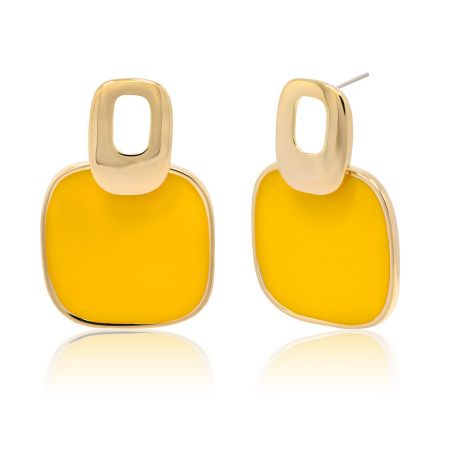 Detailed view of the gold-plated stud earring with yellow enamel, showing its rounded square shape and shiny finish.