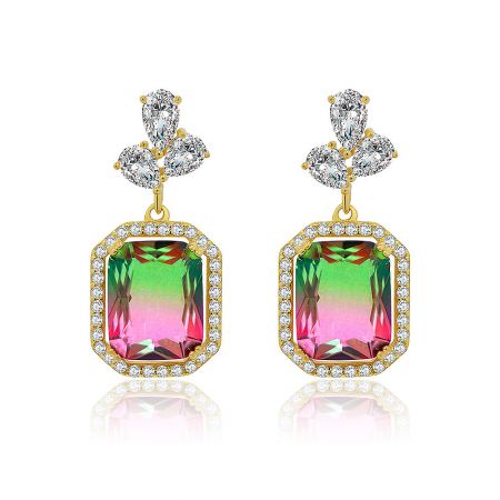 Magic Rainbow Swarovski Crystal Pierced Earrings - A pair of Magic Rainbow Swarovski Crystal Pierced Earrings with gold plating and vibrant, colorful gradient gemstones in a sterling silver setting.