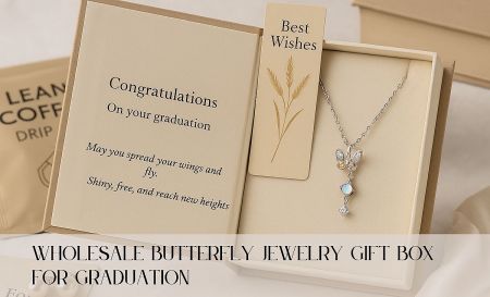 The butterfly necklace presented in a custom graduation gift box with a congratulatory message.
