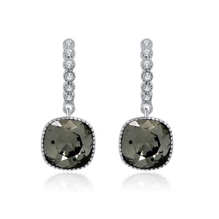 S925 Huggie Hoop Drop Earrings With Black Square Diamond - A close-up view of the S925 Huggie Hoop Drop Earrings, showcasing the large black square diamond crystal surrounded by a halo of smaller clear crystals.
