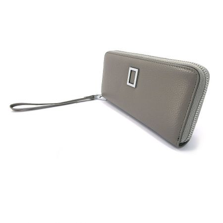 Front view of the gray leather wallet showcasing the silver logo detail.