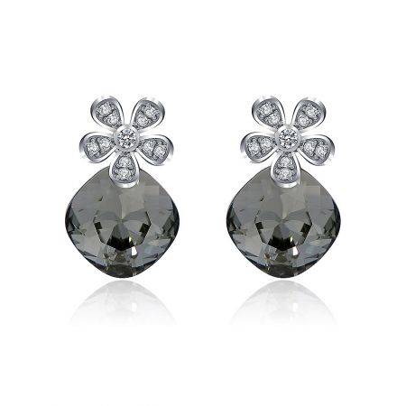 Lovely Flower Pierced Swarovski Crystal Earrings - A pair of Lovely Flower Pierced Swarovski Crystal Earrings, featuring a silver flower top with clear gems and a large, faceted gray teardrop crystal.