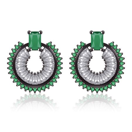 Stunning Emerald CZ Earring - A pair of stunning emerald CZ stud earrings featuring a central green stone surrounded by a halo of clear cubic zirconia, set in dark hematite-plated brass.
