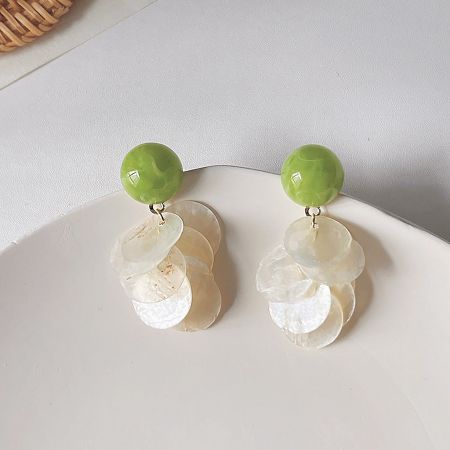 Green Stone Semi-Ball and Mother of Pearl Shell Dangling Drop Earrings (5 pairs) - A set of five pairs of Green Stone and Mother of Pearl Shell Dangling Drop Earrings, showcasing the elegant combination of green beads and white shell discs on a brass base.