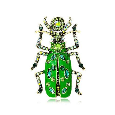 A vibrant green beetle brooch, richly embellished with a variety of colorful gemstones.