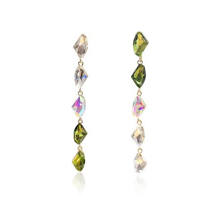 Long Rhinestone Dangle Drop Earrings - A pair of long dangle drop earrings featuring a cascade of clear and green crystals set in a gold-plated alloy, showcasing an elegant, symmetrical design.