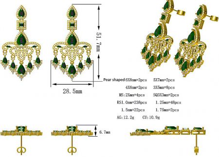 Technical drawing of custom emerald gold earrings with specifications.