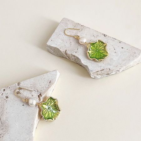14k Gold Plated Green Enamel Lotus Leaf Freshwater Pearl Earrings