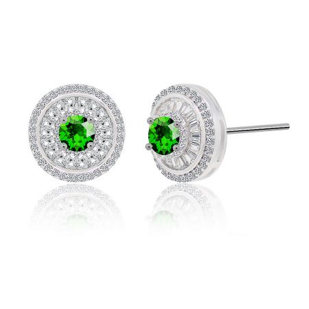 A close-up shot of the emerald stud earring, highlighting the double-layered halo of sparkling cubic zirconia and the brilliant green center stone.