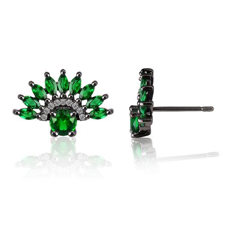Close-up of a single Emerald Fan Stud earring, highlighting the central emerald glass stone and surrounding cubic zirconia.