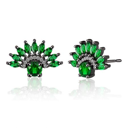 Detailed view of the Emerald Fan Studs showcasing the intricate arrangement of green and white gemstones on a dark metal base.