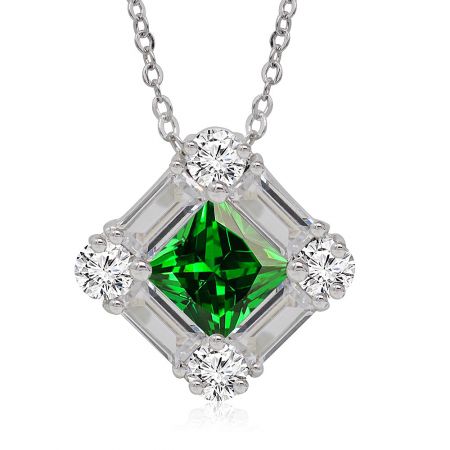 Detailed shot of the rhodium-plated pendant with a vibrant green cubic zirconia.