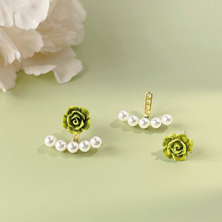 Two-wear 3D Resin Rose Flower with Pearl Stud Earrings (5 pairs) - A complete set of five pairs of two-wear 3D resin rose flower earrings with pearl studs, featuring green roses and a gold-colored brass finish.