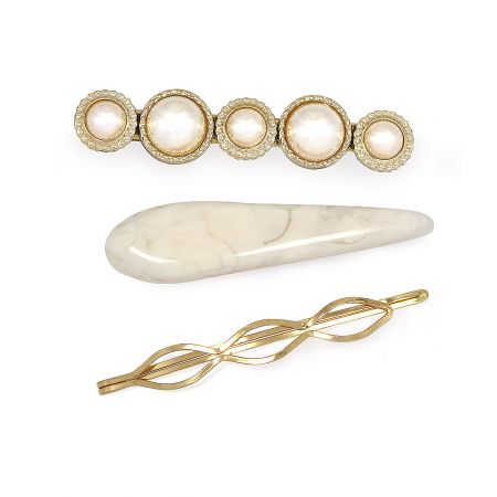 Metal Hollow Pearl Hair Clips Set - A set of three Metal Hollow Pearl Hair Clips, including a pearl and gold barrette, a white marble clip, and a gold hairpin, displayed on a white background.
